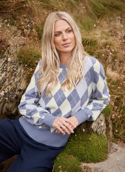 Cashmere Wool Argyle Crew Neck Sweater in Blue